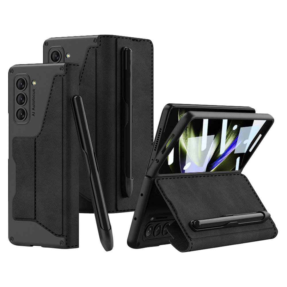 GKK For Samsung Galaxy Z Fold5 5G PU Leather Stand Cover Pen Slot Design Card Slot Phone Case with Tempered Glass Film - Black GKK For Samsung Galaxy Z Fold5 5G PU Leather Stand Cover Pen Slot Design Card Slot Phone Case with Tempered Glass Film - Black
